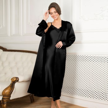Lady Avenue Pure Silk Long Nightgown With Lace